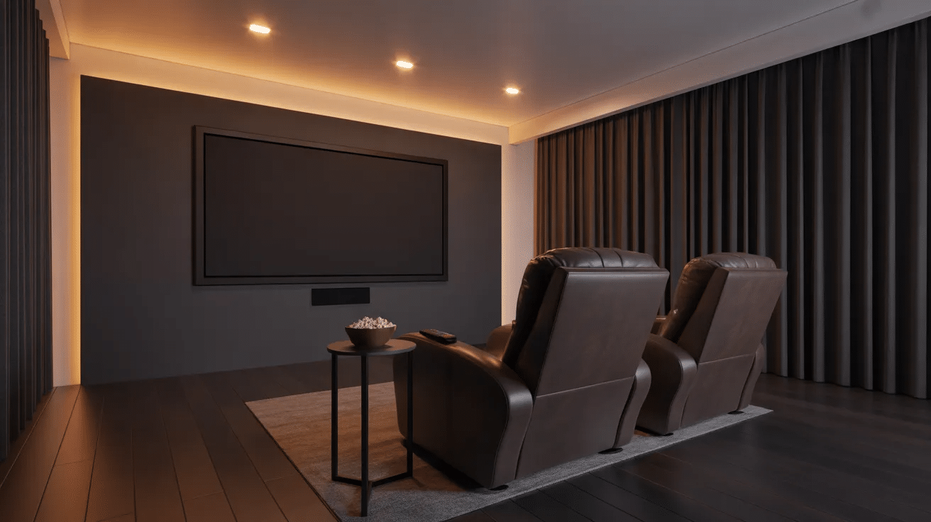 Spare bedroom designed as a media room with screen, seating, and soft ambient lighting