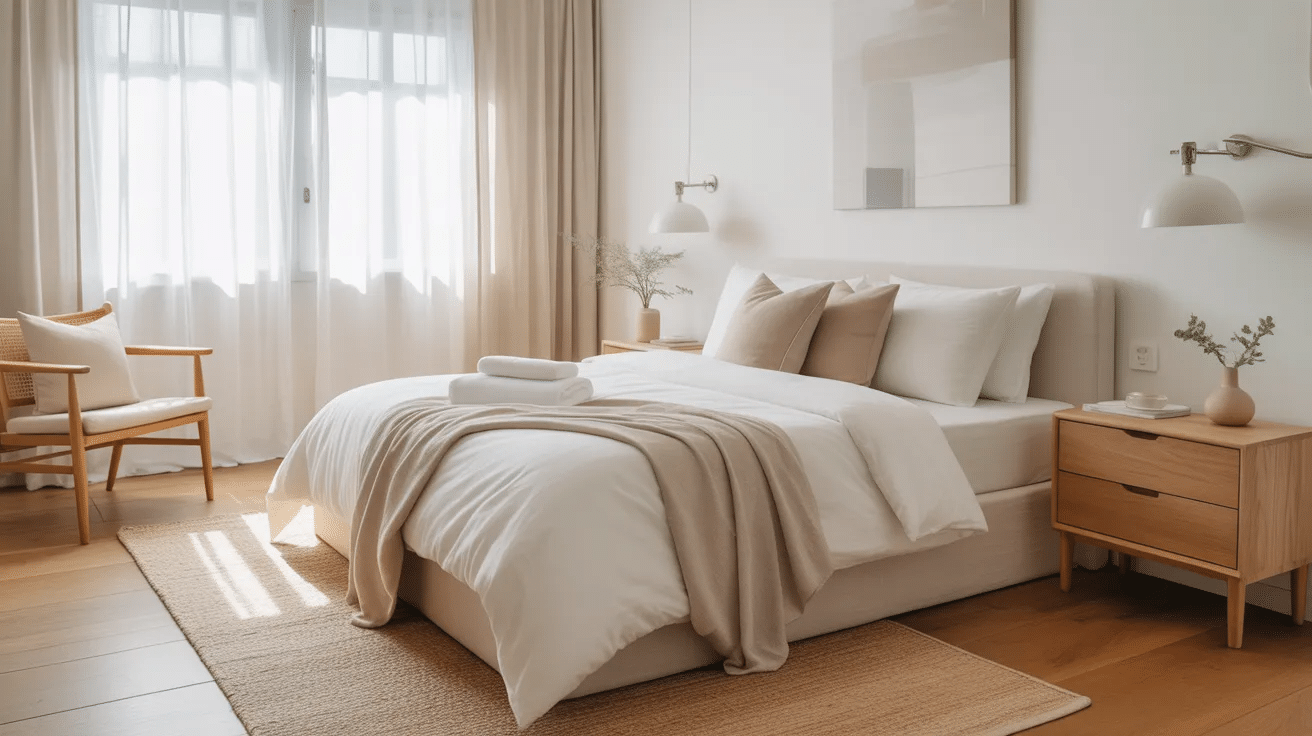 Spare bedroom styled for Airbnb with neutral decor, clean bedding, and guest-ready setup