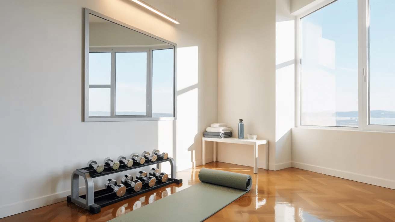 Spare bedroom turned into a home gym with basic equipment, mat, and open workout space