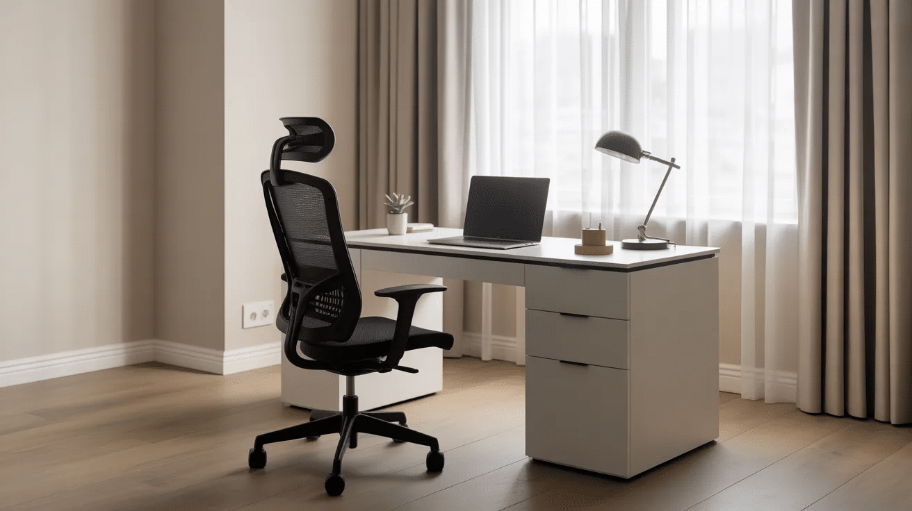 Spare bedroom turned into a home office with desk near window, chair, and organized setup