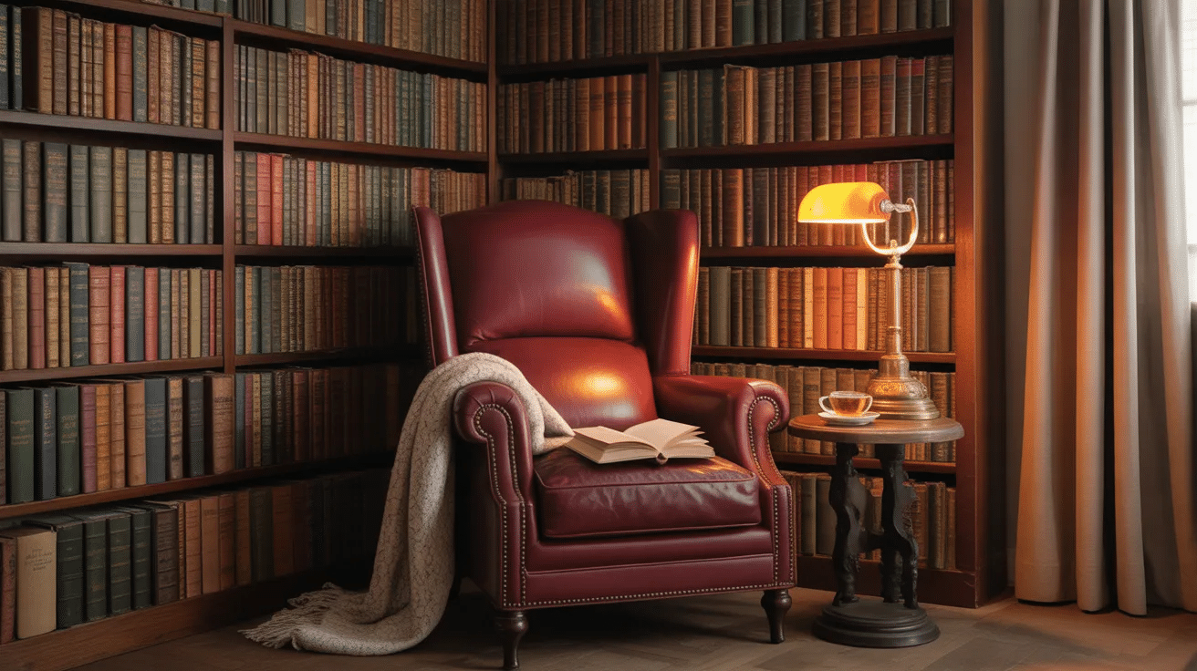 Spare bedroom turned into a reading room with bookshelves, armchair, and warm lighting