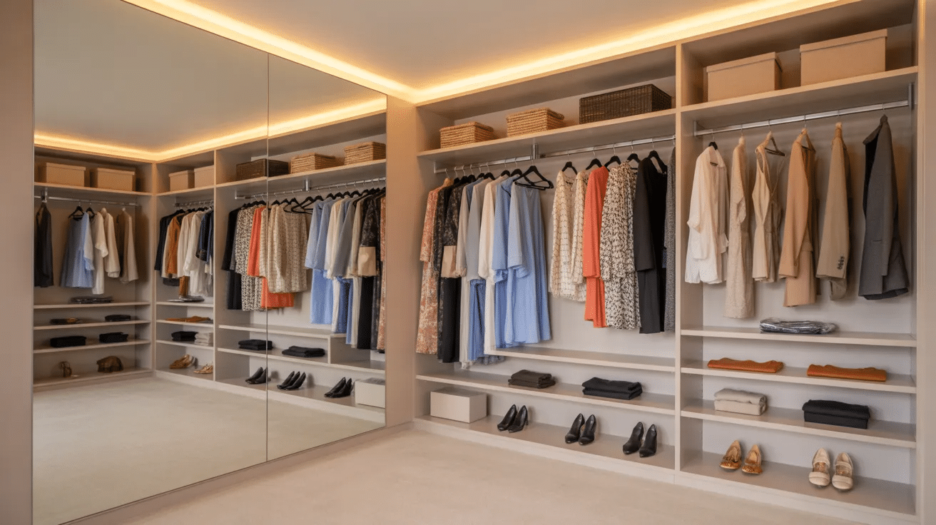 Spare bedroom turned into walk-in closet with shelves, clothing racks, and full-length mirror