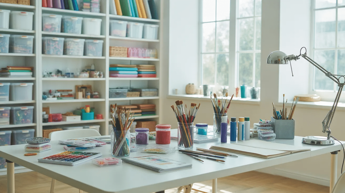 Spare bedroom used as a craft room with table, shelves, and organized creative supplies