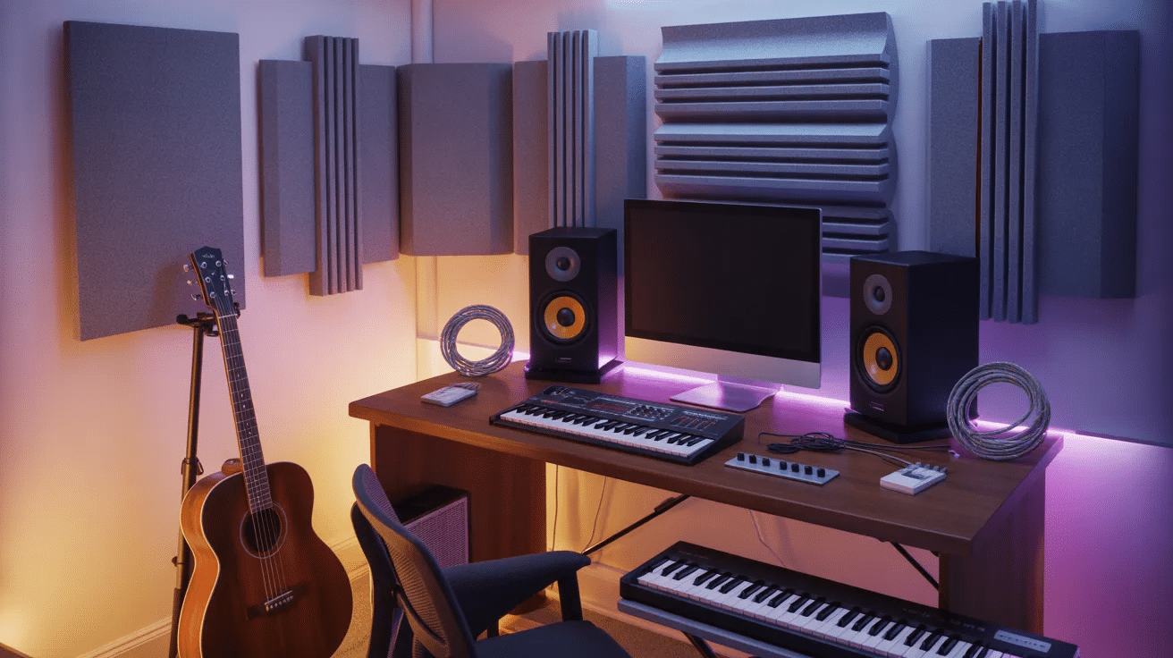 Spare bedroom used as a music studio with desk, equipment, and sound-friendly setup