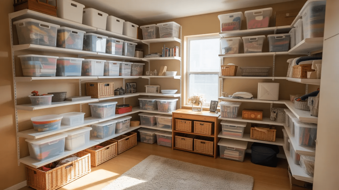 Spare bedroom used for storage with shelves, bins, and organized labeled containers