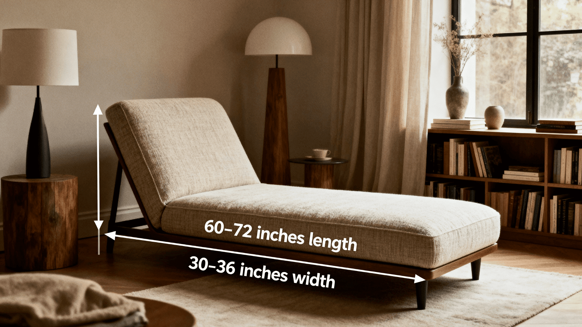 Stylish chaise lounge in cozy reading corner, measuring 60–72 inches long and 30–36 inches wide, warm lighting and modern decor