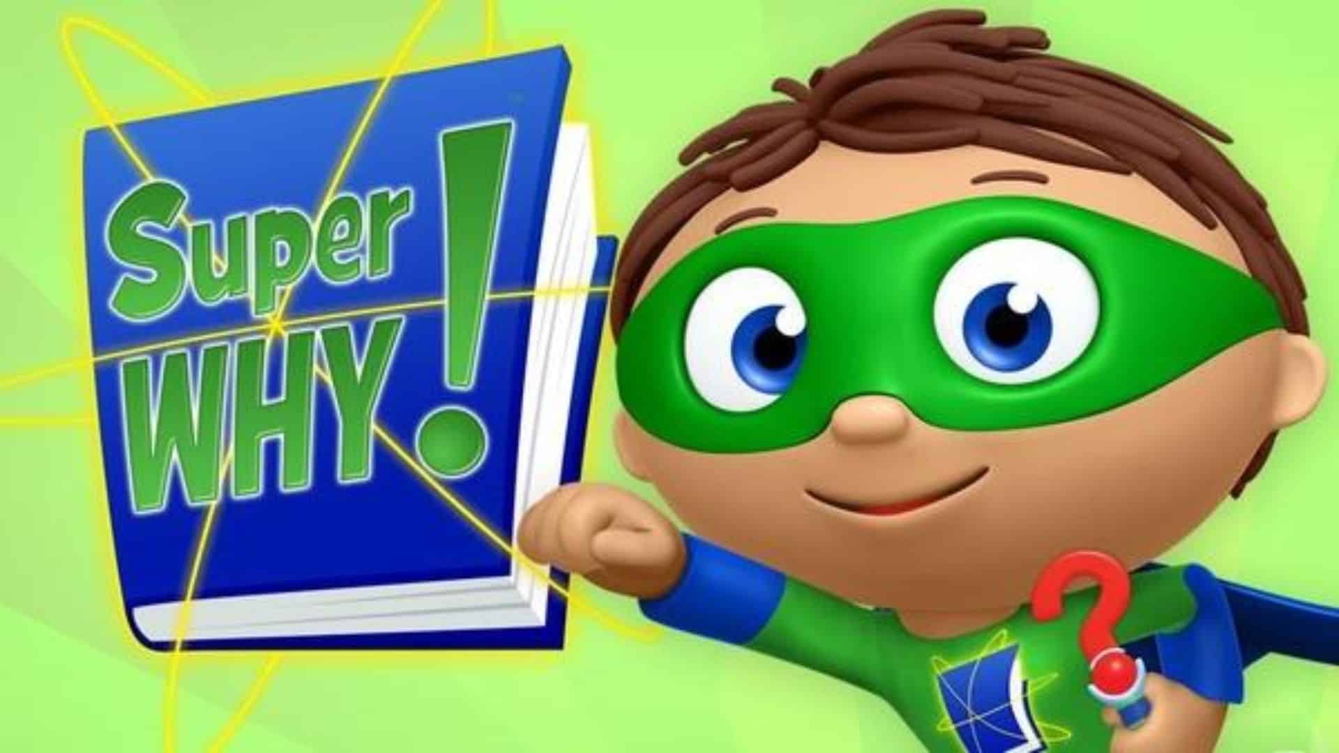 Super Why cartoon hero with a book and mask from one of the best educational shows for kids that teaches reading, spelling, and early literacy skills.