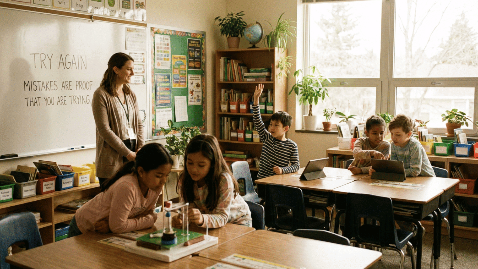 Teacher encouraging students to try again while learning in class