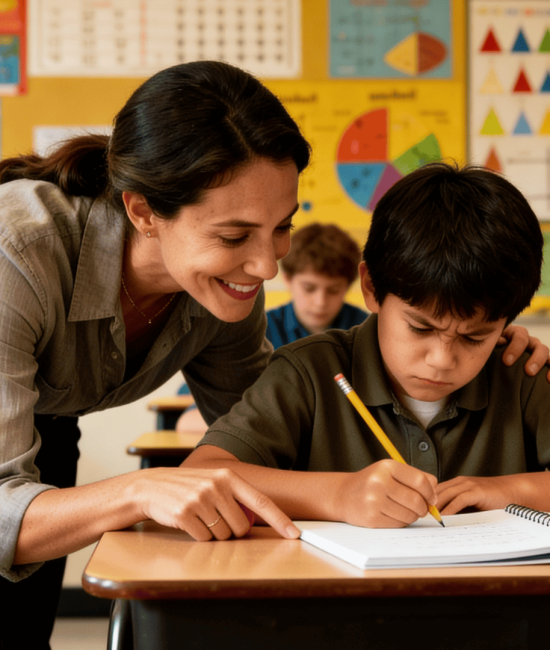 _Teacher helping a student struggling with writing in classroom, focused support, diverse students, inclusive learning environment, education concept