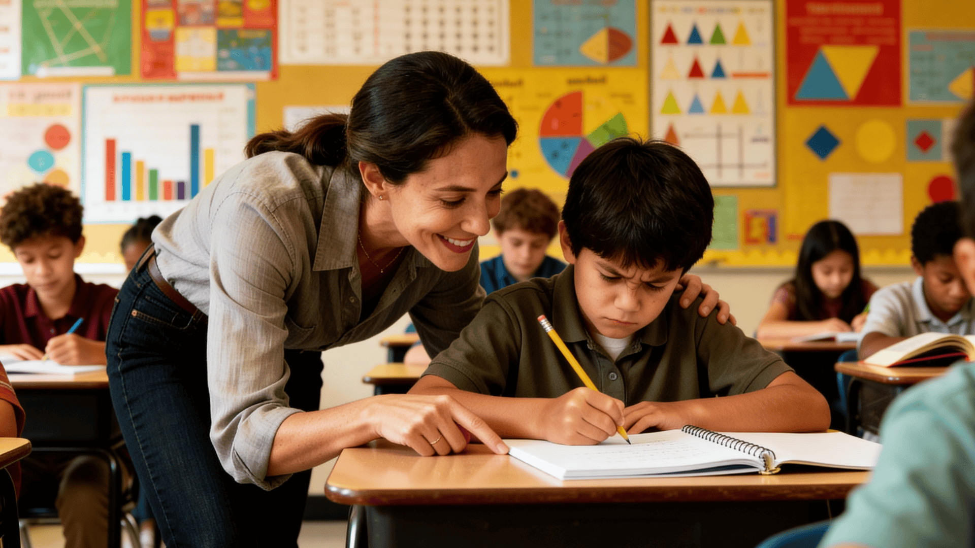 _Teacher helping a student struggling with writing in classroom, focused support, diverse students, inclusive learning environment, education concept