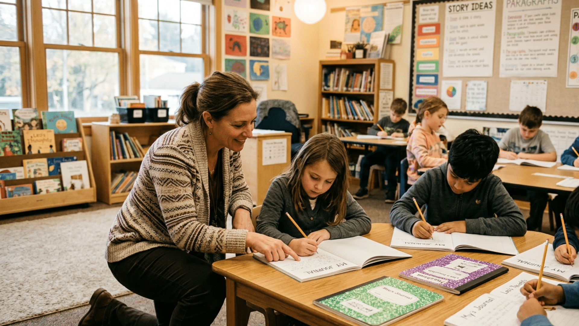 Teacher helping students use journal prompts during a focused classroom writing session