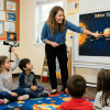 Teacher points at Mars on a solar system chart while young students sit on a colorful rug, listening and raising hands in a bright classroom