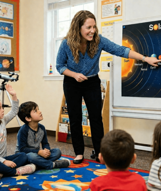 Teacher points at Mars on a solar system chart while young students sit on a colorful rug, listening and raising hands in a bright classroom