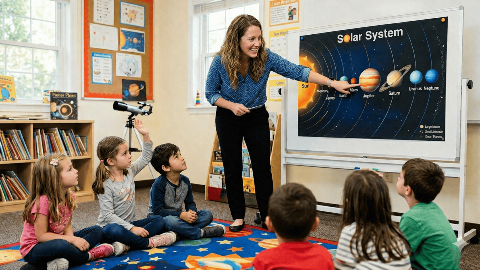 Teacher points at Mars on a solar system chart while young students sit on a colorful rug, listening and raising hands in a bright classroom
