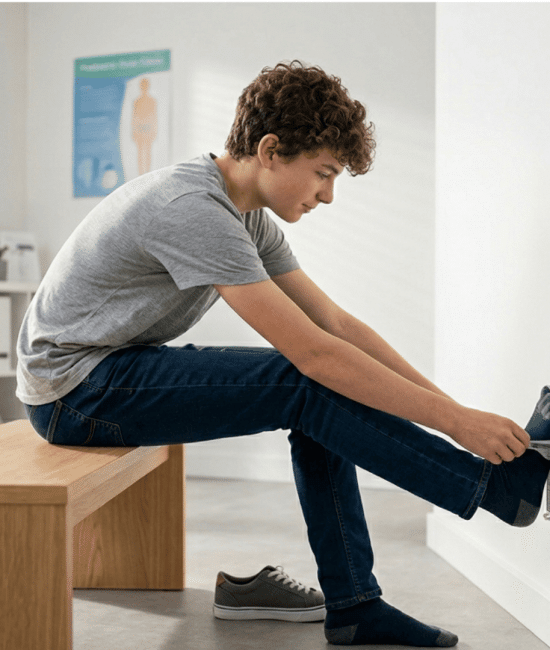 Teen boy on a bench in a bright clinic, measuring his socked foot against a size chart on a wall.