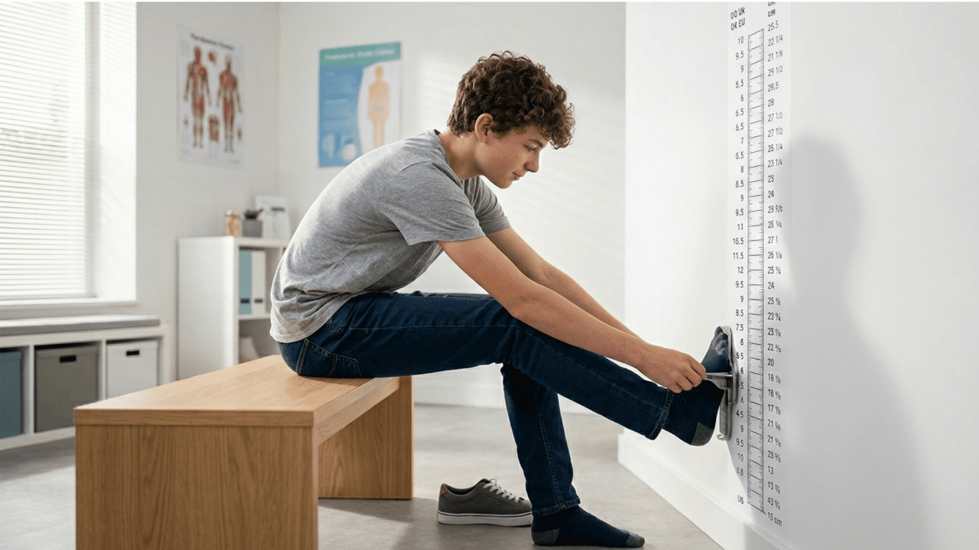 Teen boy on a bench in a bright clinic, measuring his socked foot against a size chart on a wall.