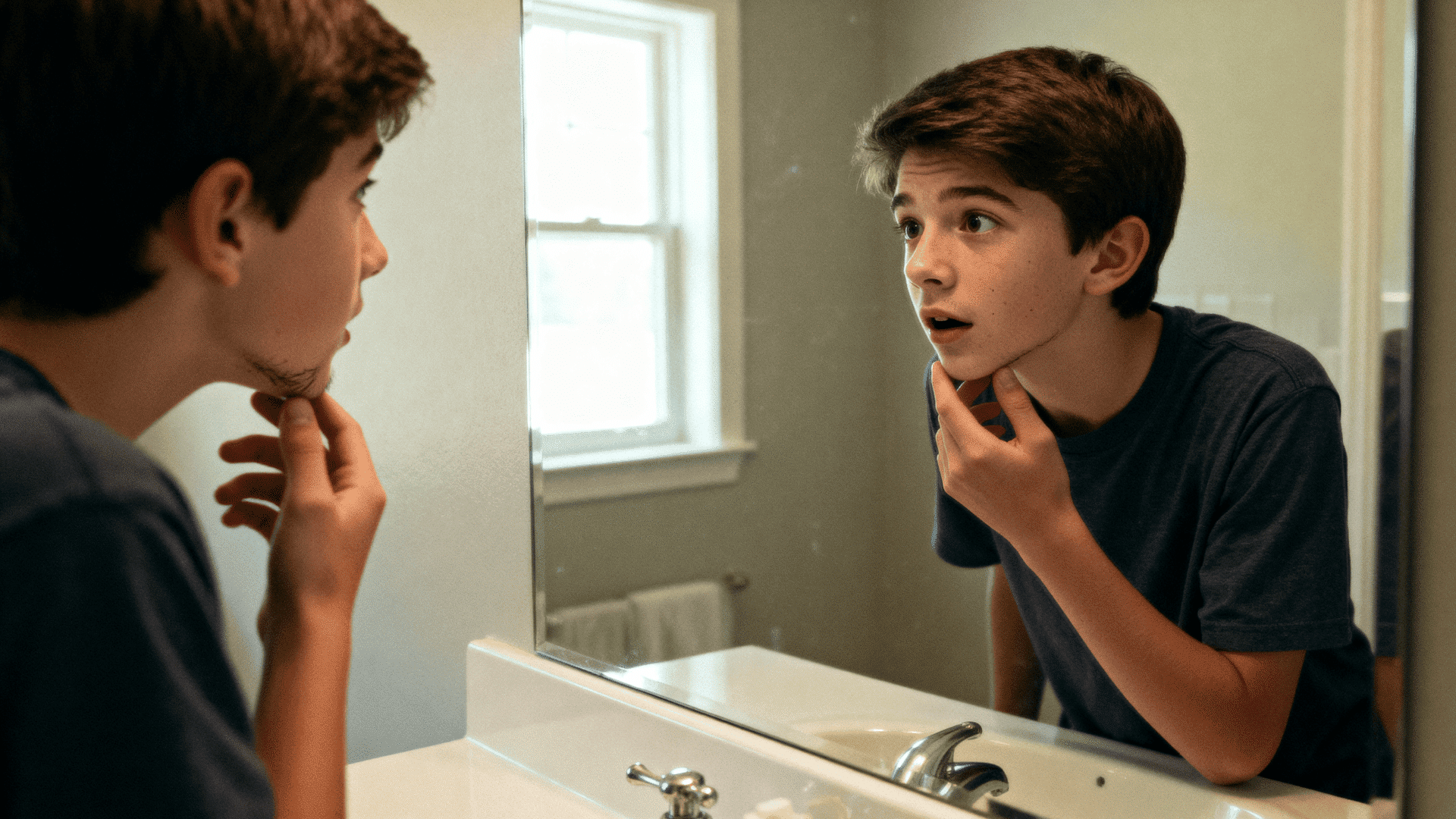 Teenage boy examines early facial hair in bathroom mirror, touching chin with curious expression during early puberty stage.