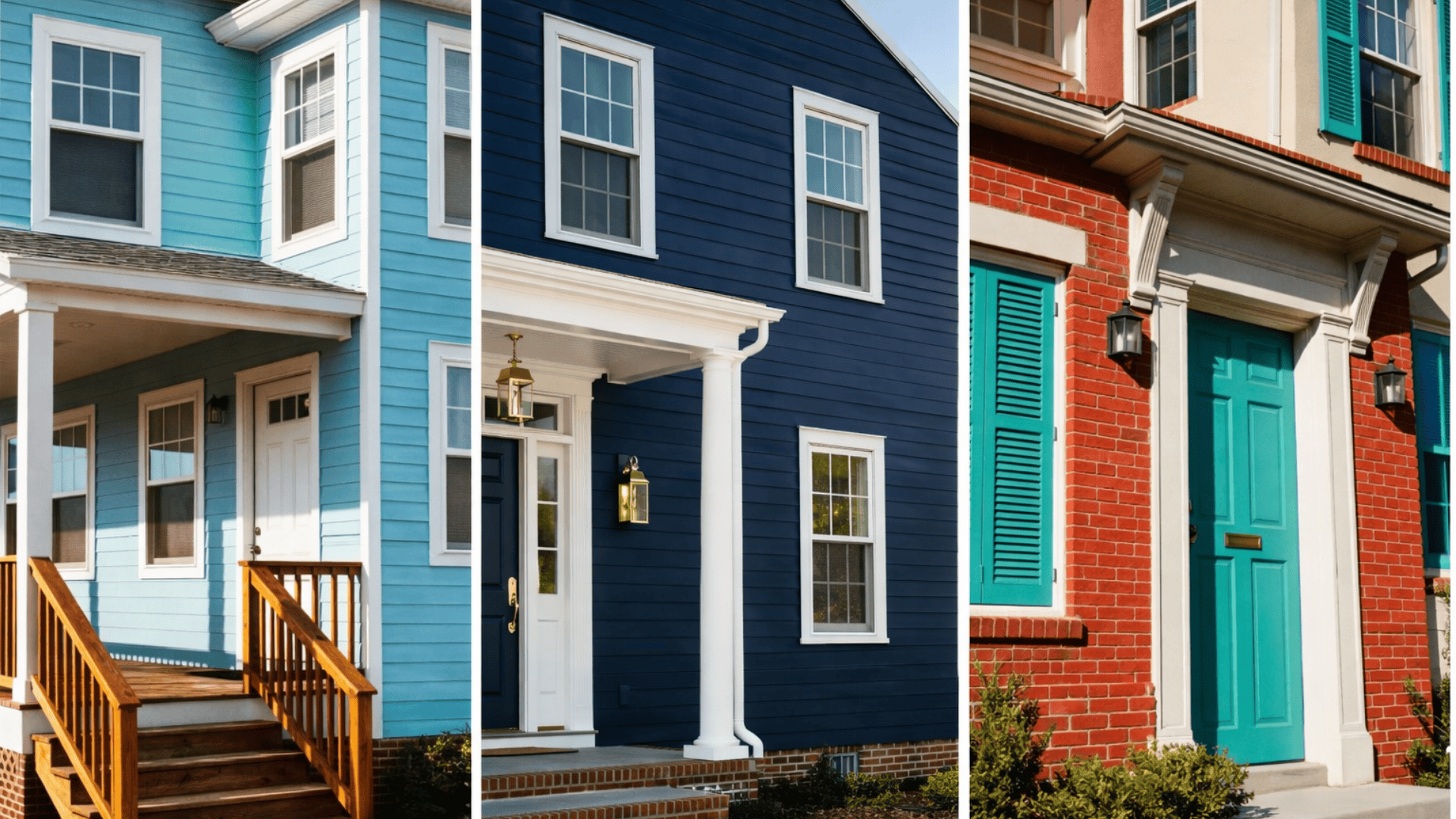 Three colorful houses side by side in a wide 169 collage featuring light blue siding, navy blue exterior with columns, and red brick with teal shutters. (1)