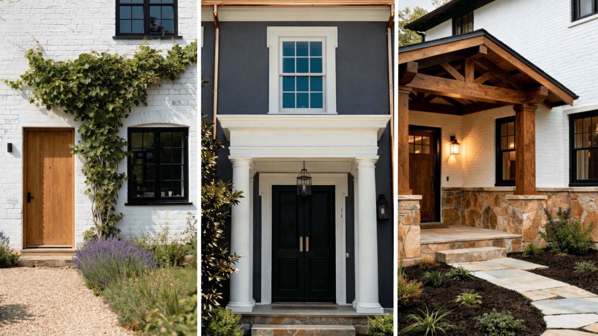 Three stylish home entrances white brick with climbing vines, gray facade with columns, and craftsman porch with wood beams front