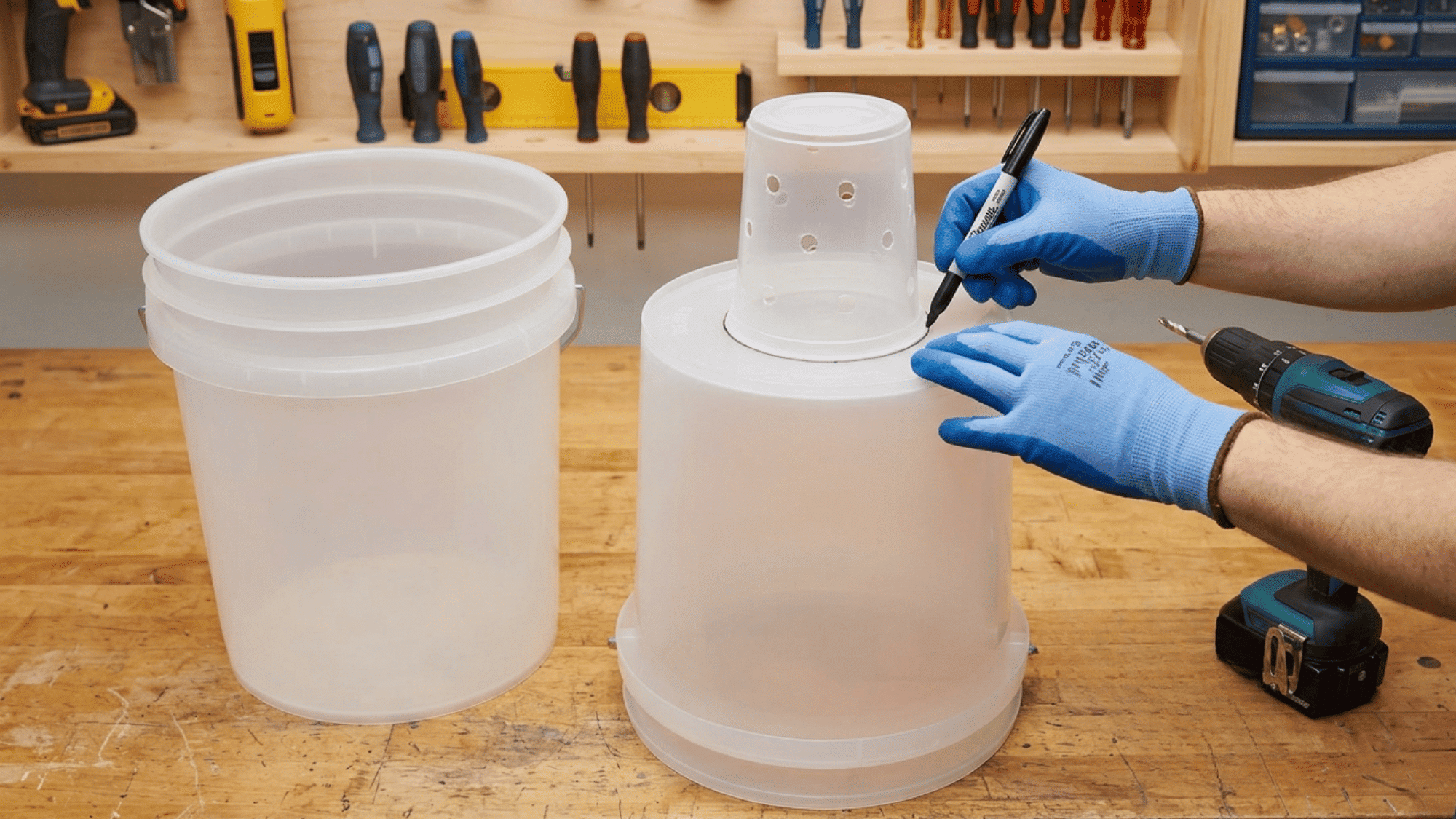 Tracing a plastic cup outline on a bucket to make a DIY self watering planter wick chamber.