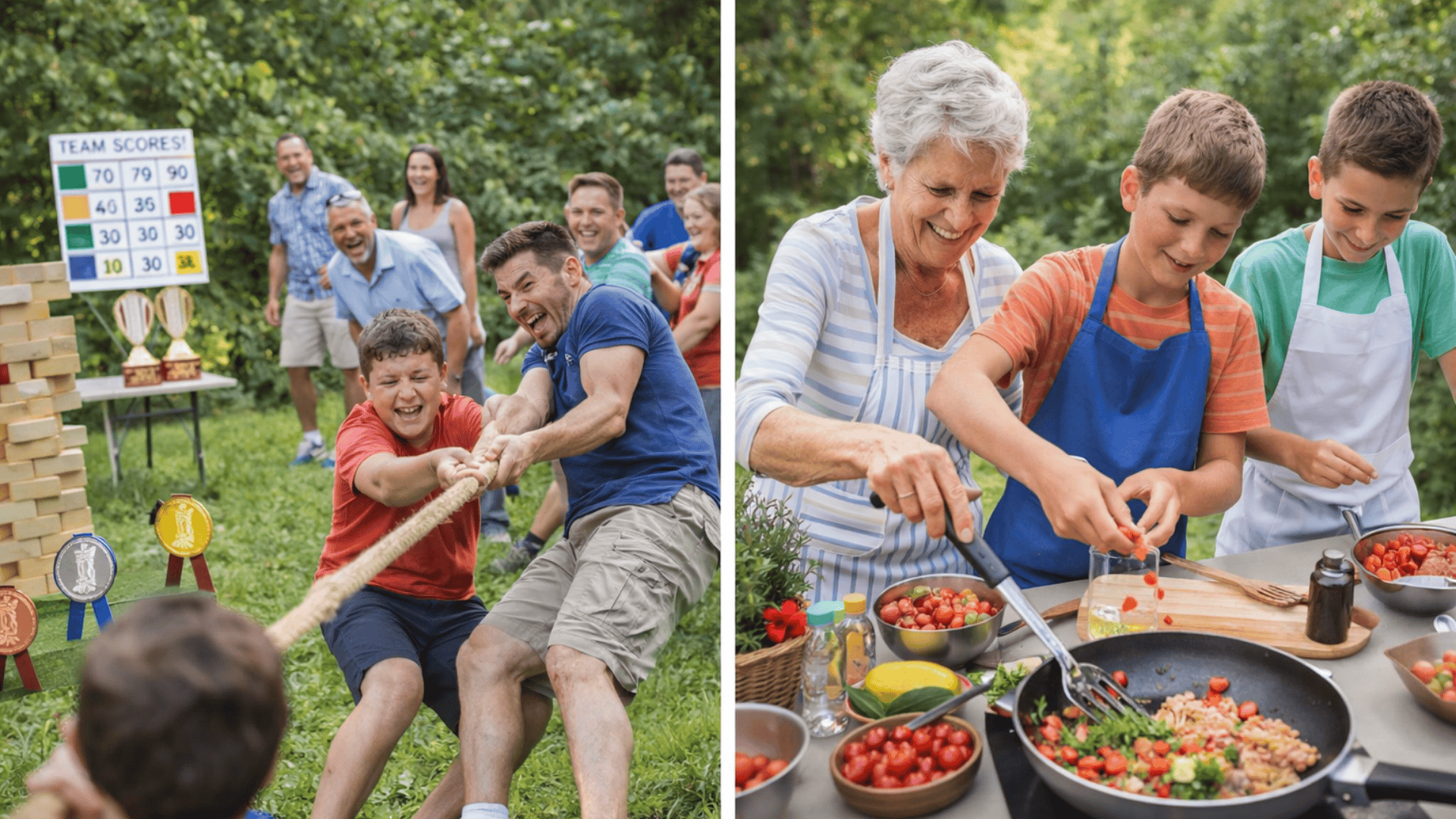 _Two-panel family reunion collage with tug of war and outdoor cooking challenge in a sunny garden setting