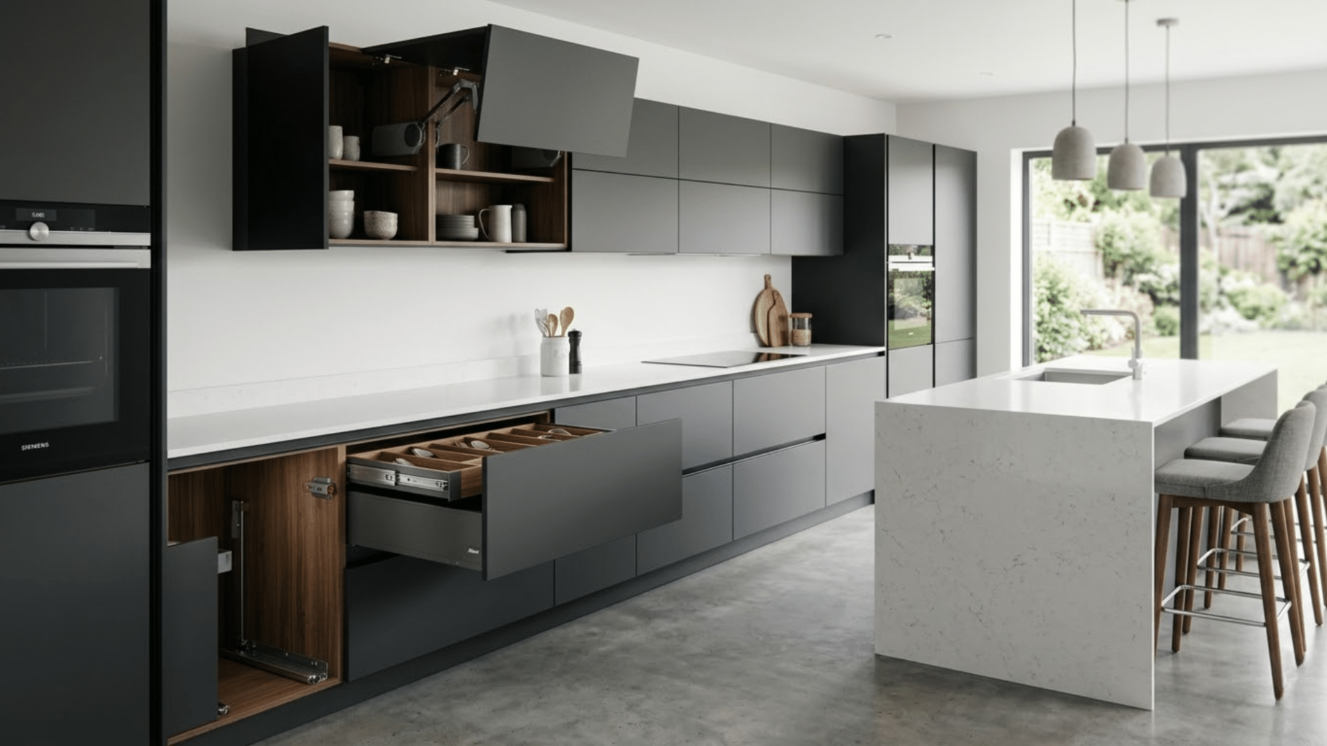 Ultra-realistic handleless kitchen cabinets partially open, showing built-in mechanisms and smooth design