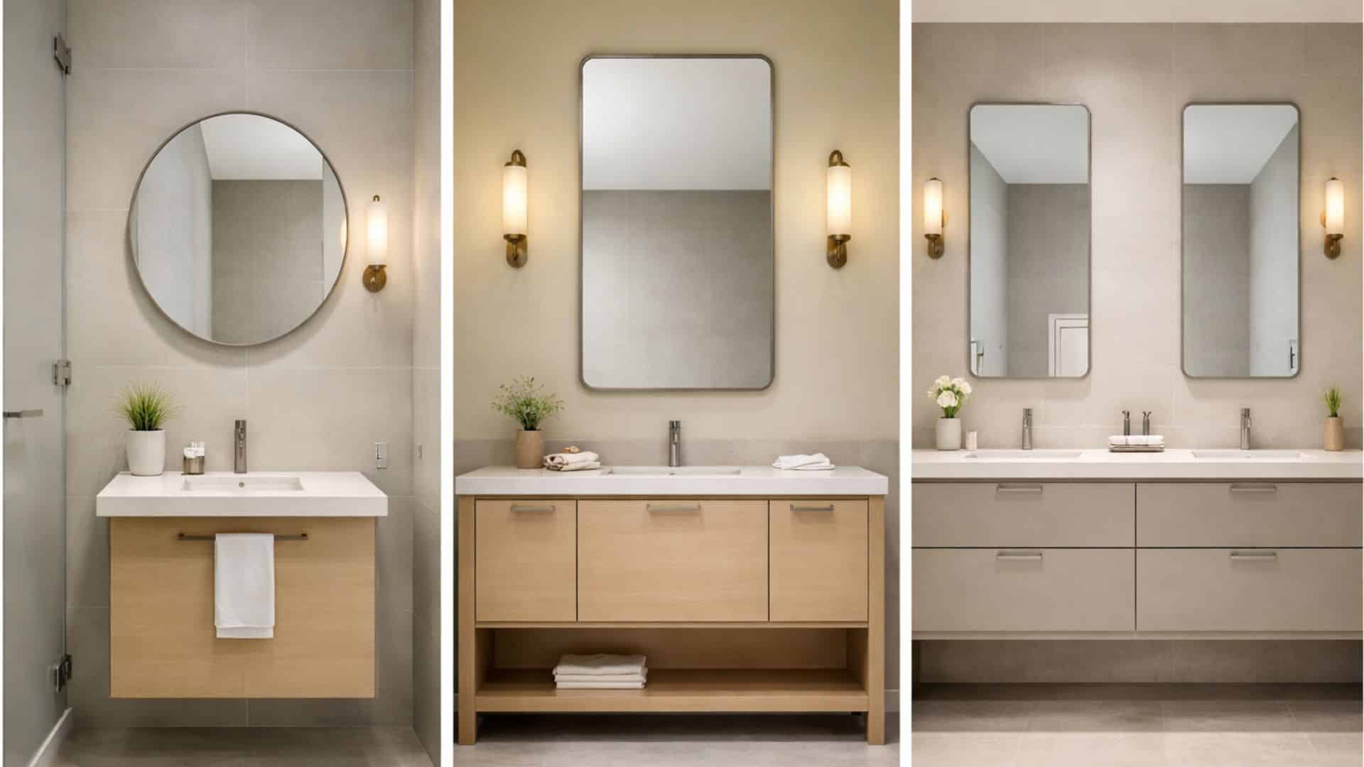 Vanity mirror size guide collage showing small, standard, and double vanity setups with round and rectangular mirrors in balanced proportions