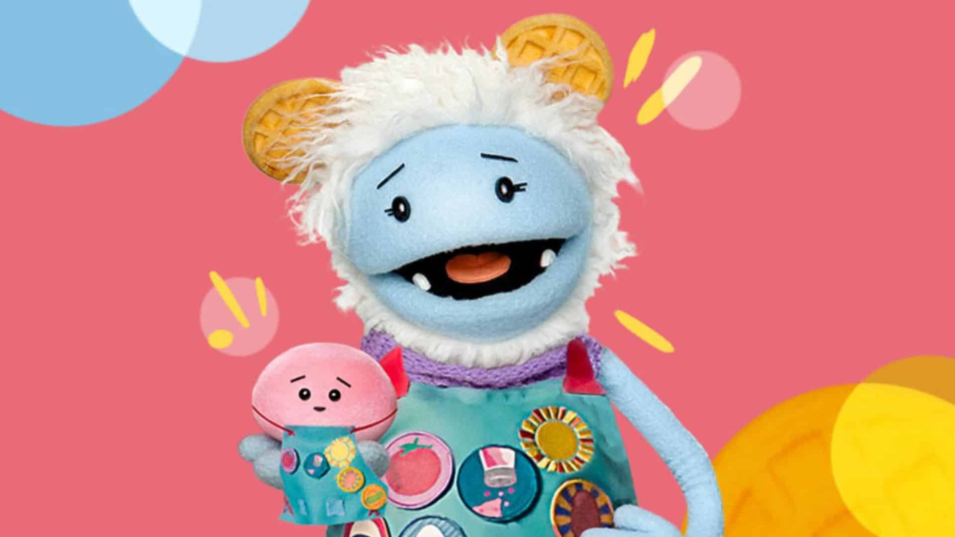 Waffles from Waffles + Mochi puppet show, one of the best educational shows for kids teaching food, cooking, and cultures around the world