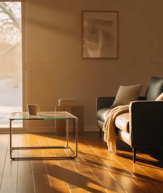 Warm wooden floors in a modern living room creating a cozy and comfortable indoor environment