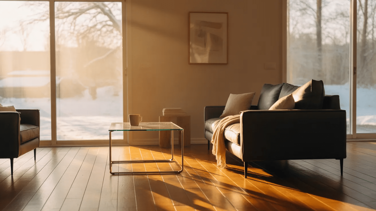 Warm wooden floors in a modern living room creating a cozy and comfortable indoor environment