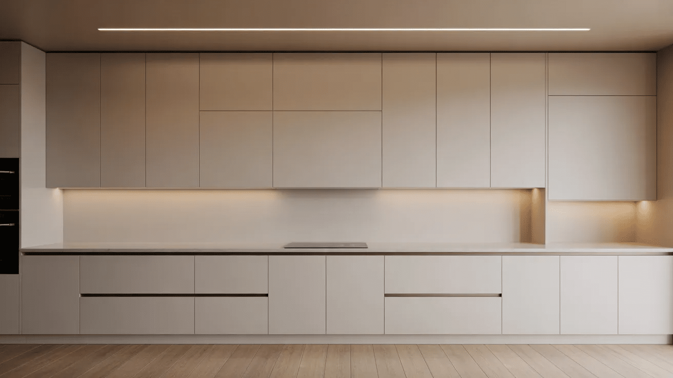 Well-designed handleless kitchen with matte finish, clean lines, and balanced lighting