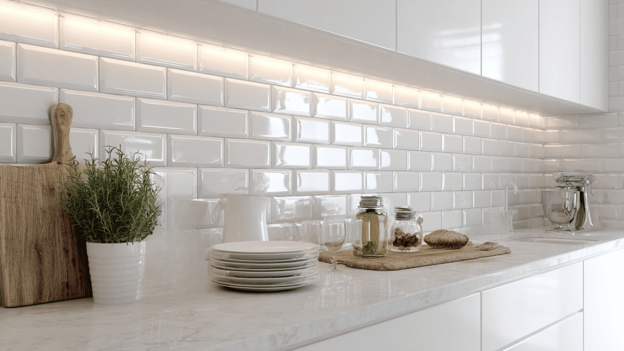 _White kitchen with beveled subway tile backsplash and glossy finish