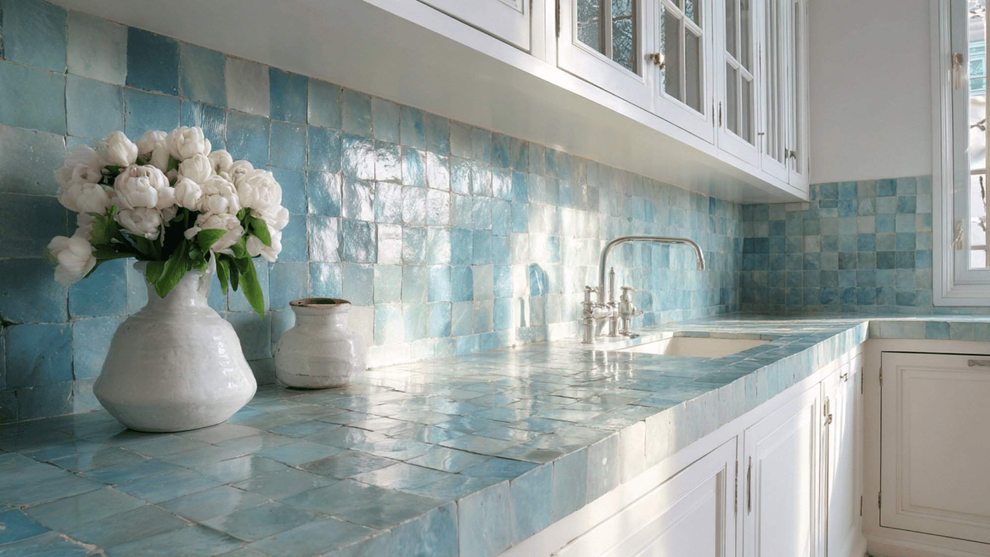 White kitchen with blue zellige tile backsplash