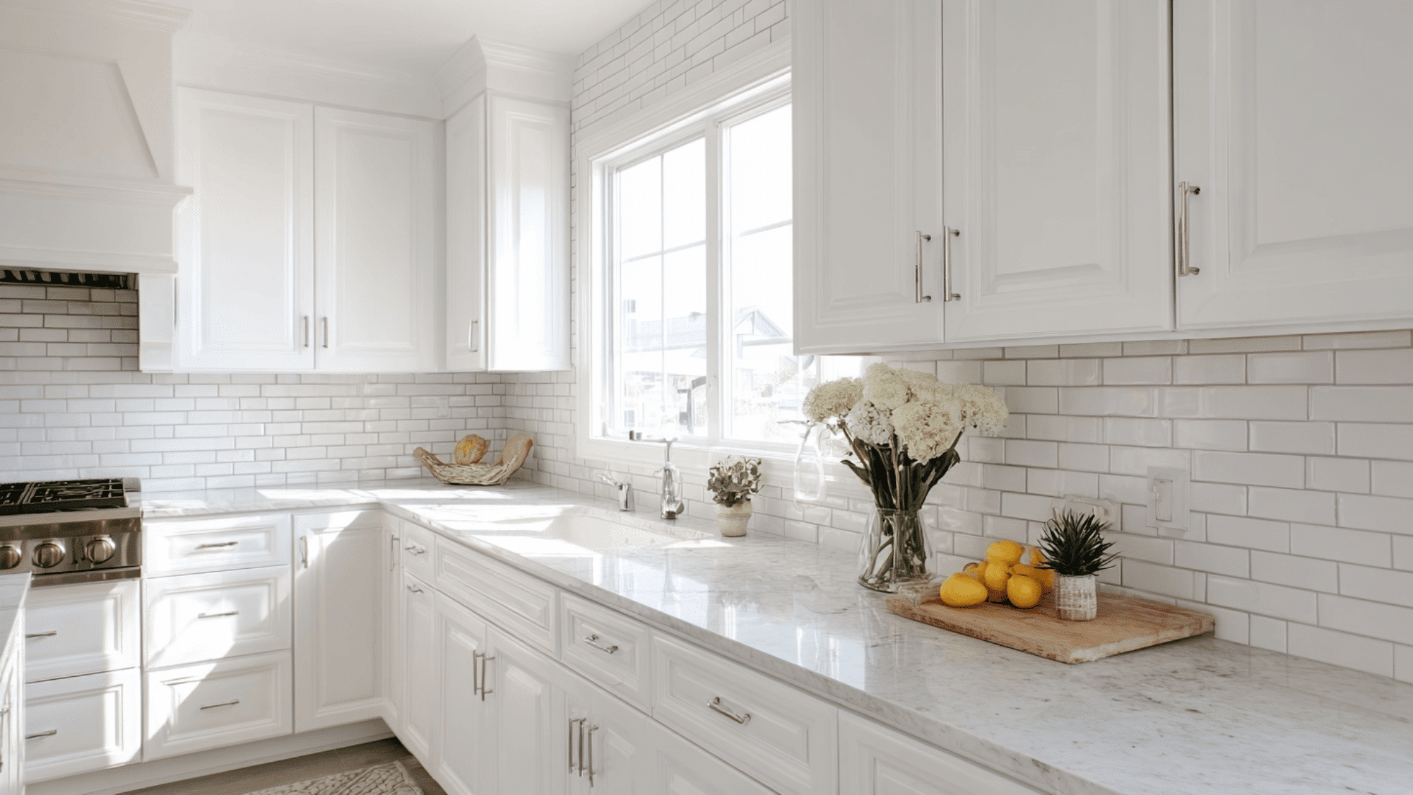 White kitchen with classic subway tile backsplash and grey grout
