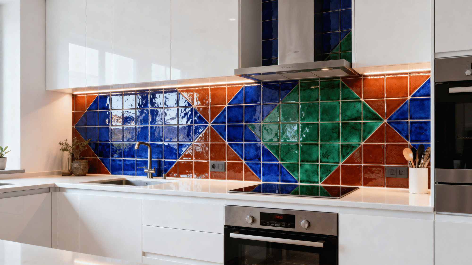 White kitchen with colorful smalti mosaic backsplash