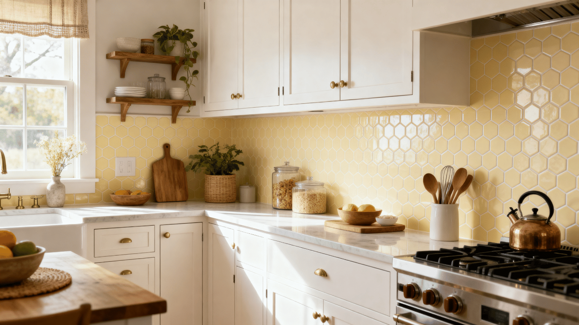 White kitchen with cream hex tile backsplash