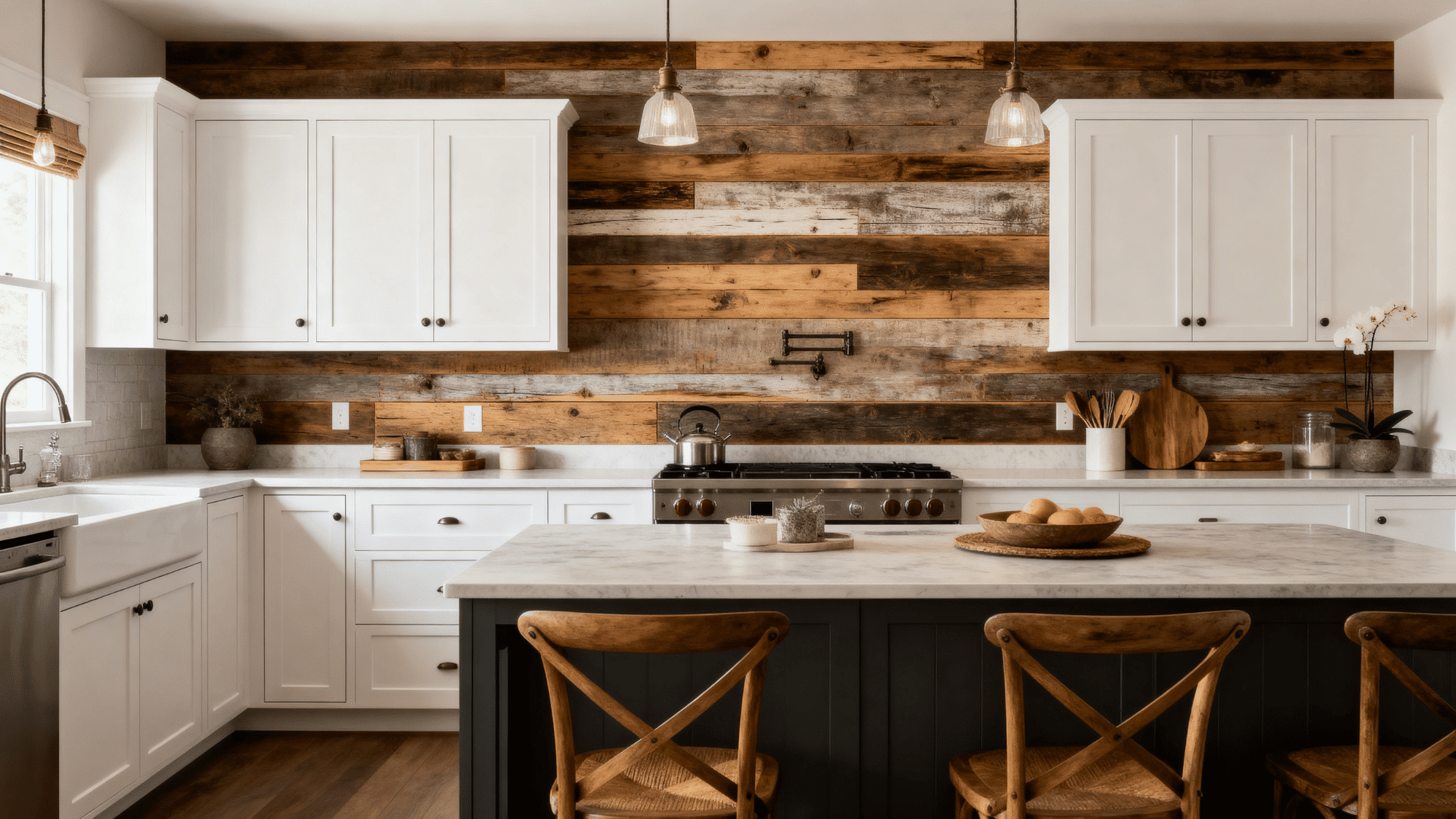 White kitchen with faux reclaimed wood backsplash panels