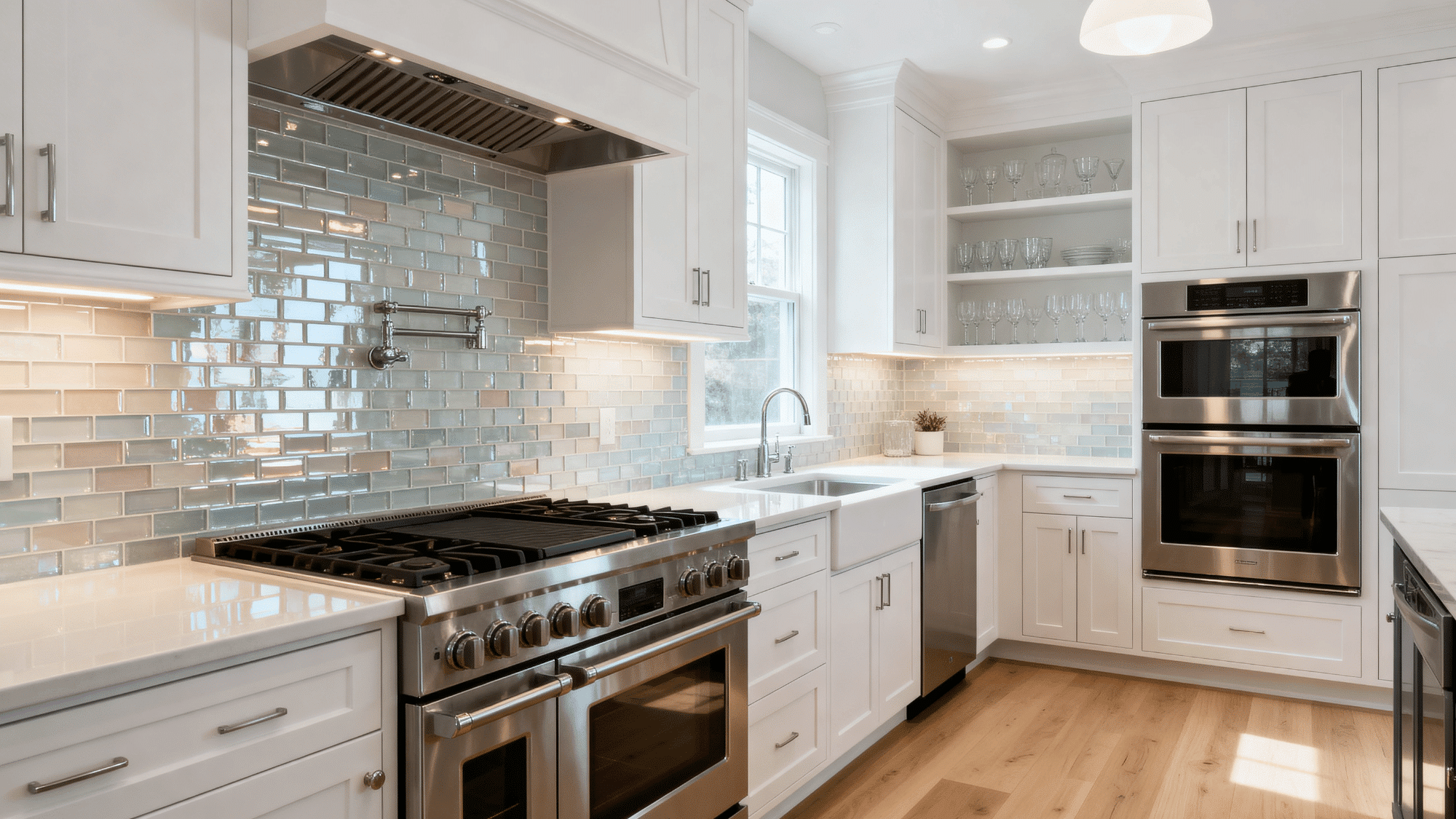 White kitchen with glossy glass mosaic tile backsplash