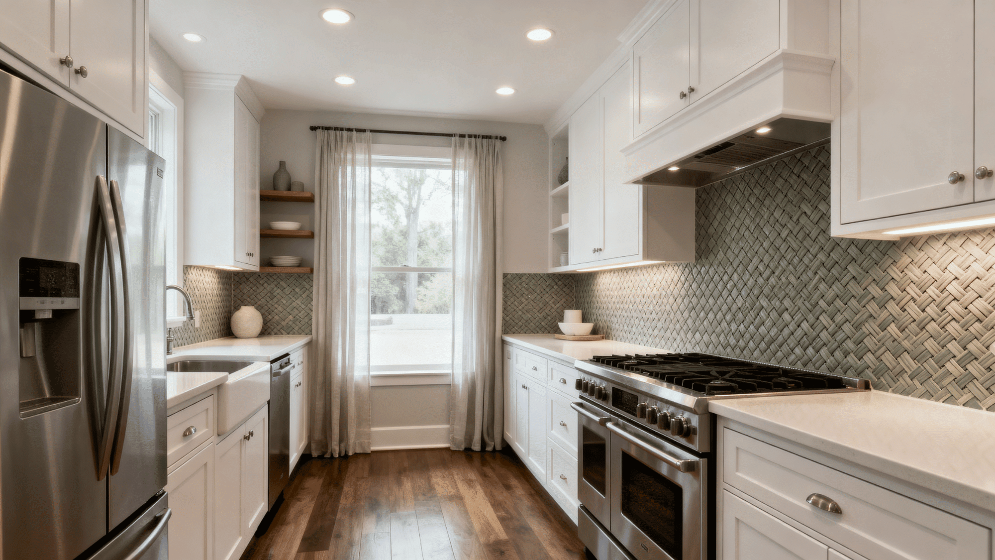 White kitchen with greige basketweave tile backsplash
