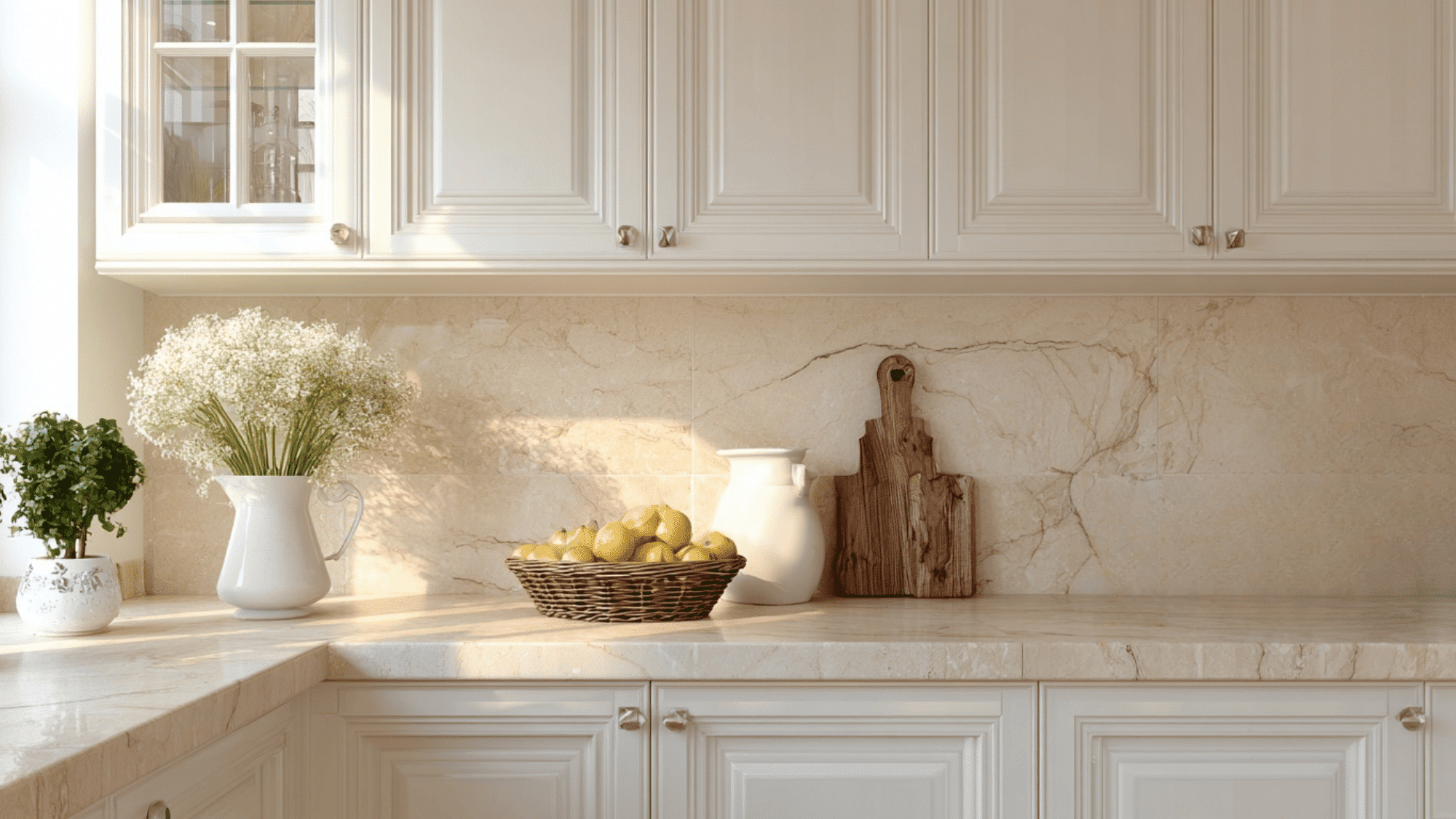 White kitchen with honed travertine slab backsplash