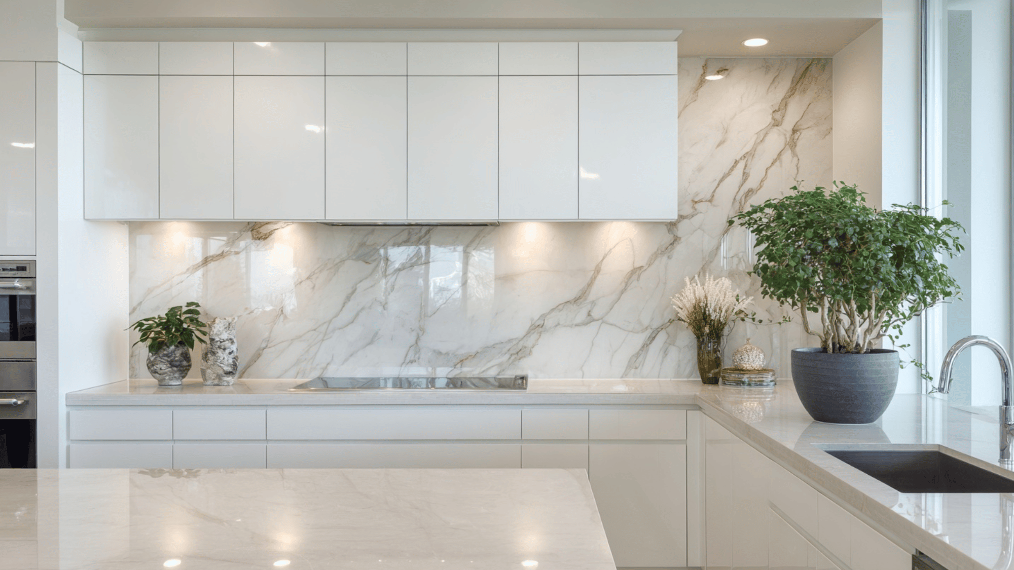 White kitchen with large porcelain slab backsplash and minimal grout