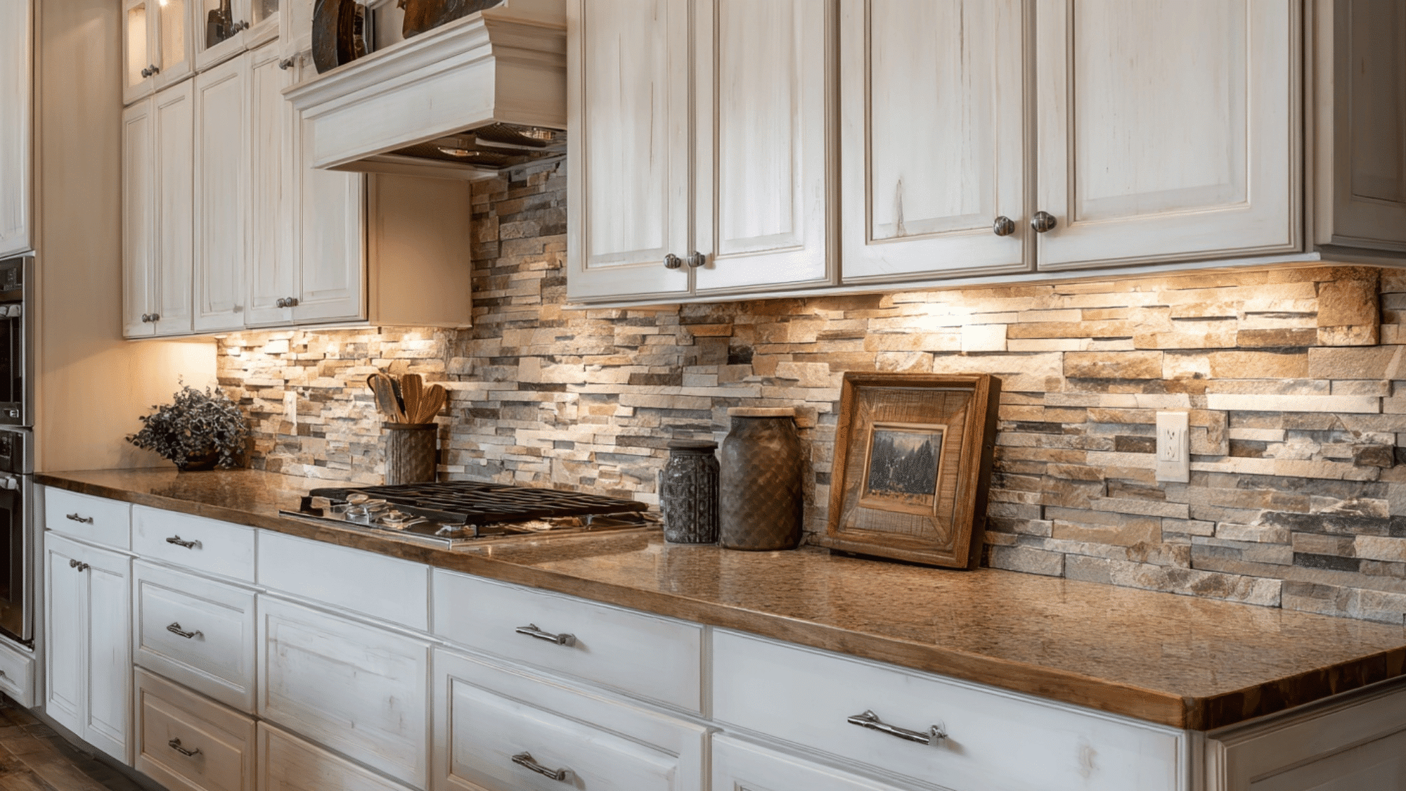White kitchen with ledger stone veneer backsplash