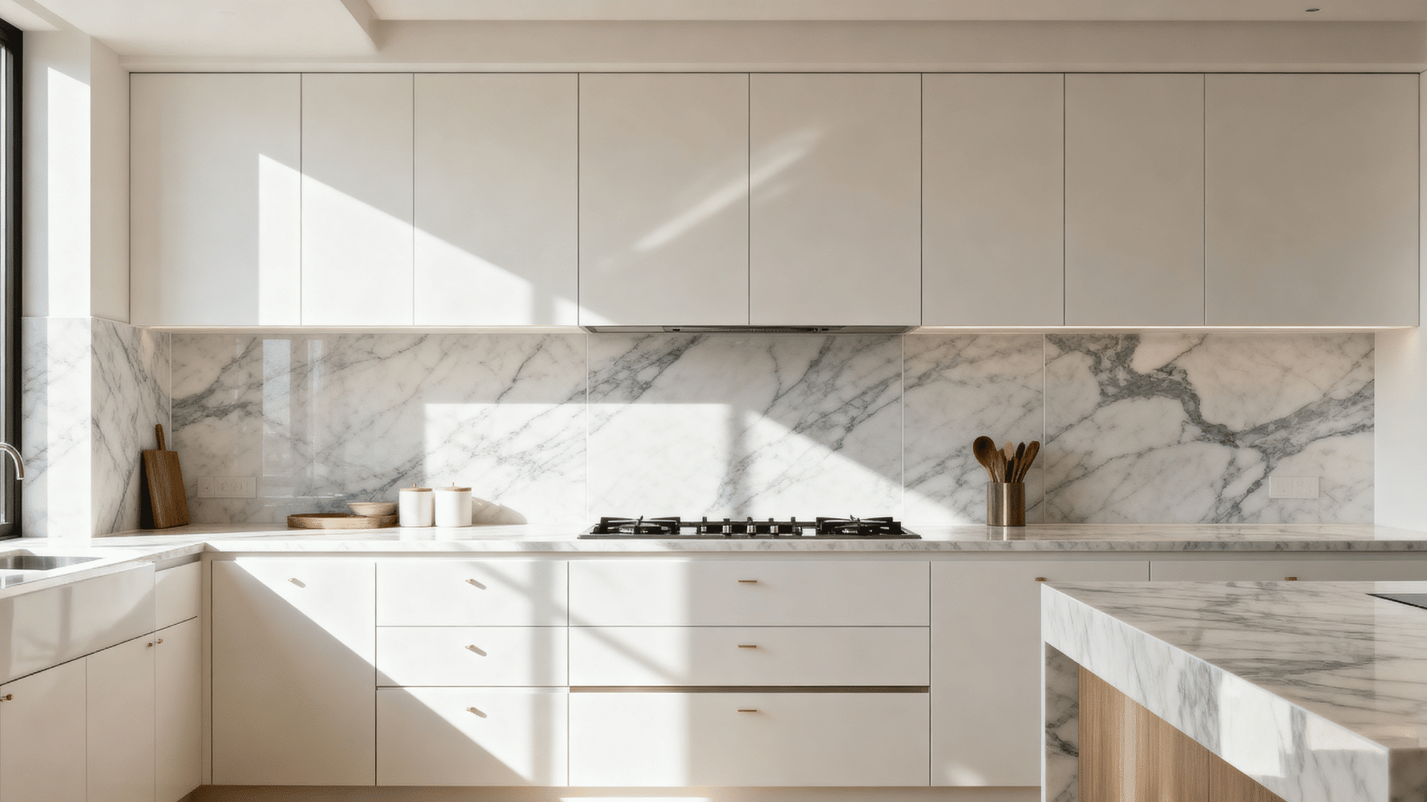 White kitchen with marble tile backsplash and soft grey veining