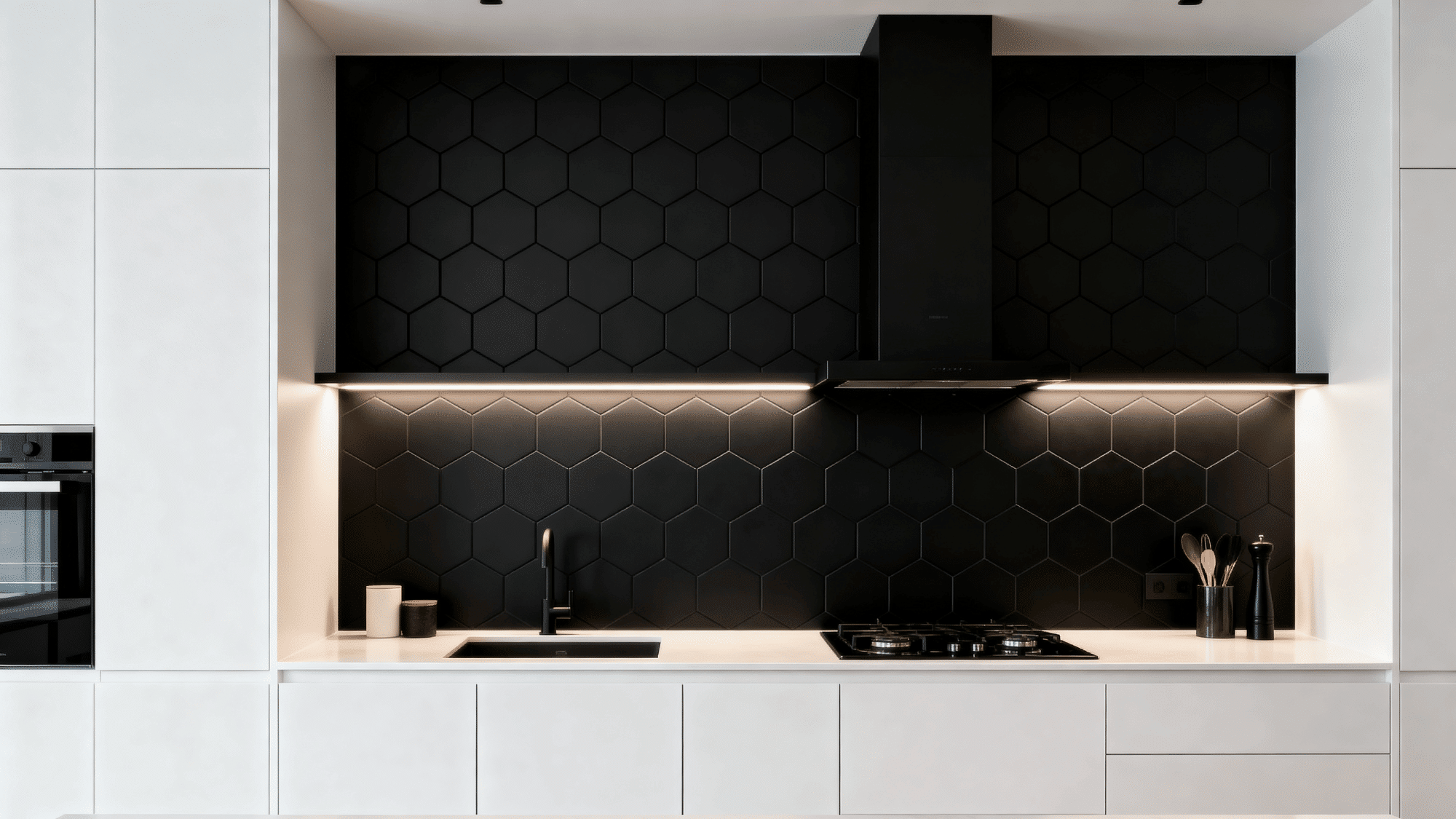 White kitchen with matte black hexagon tile backsplash