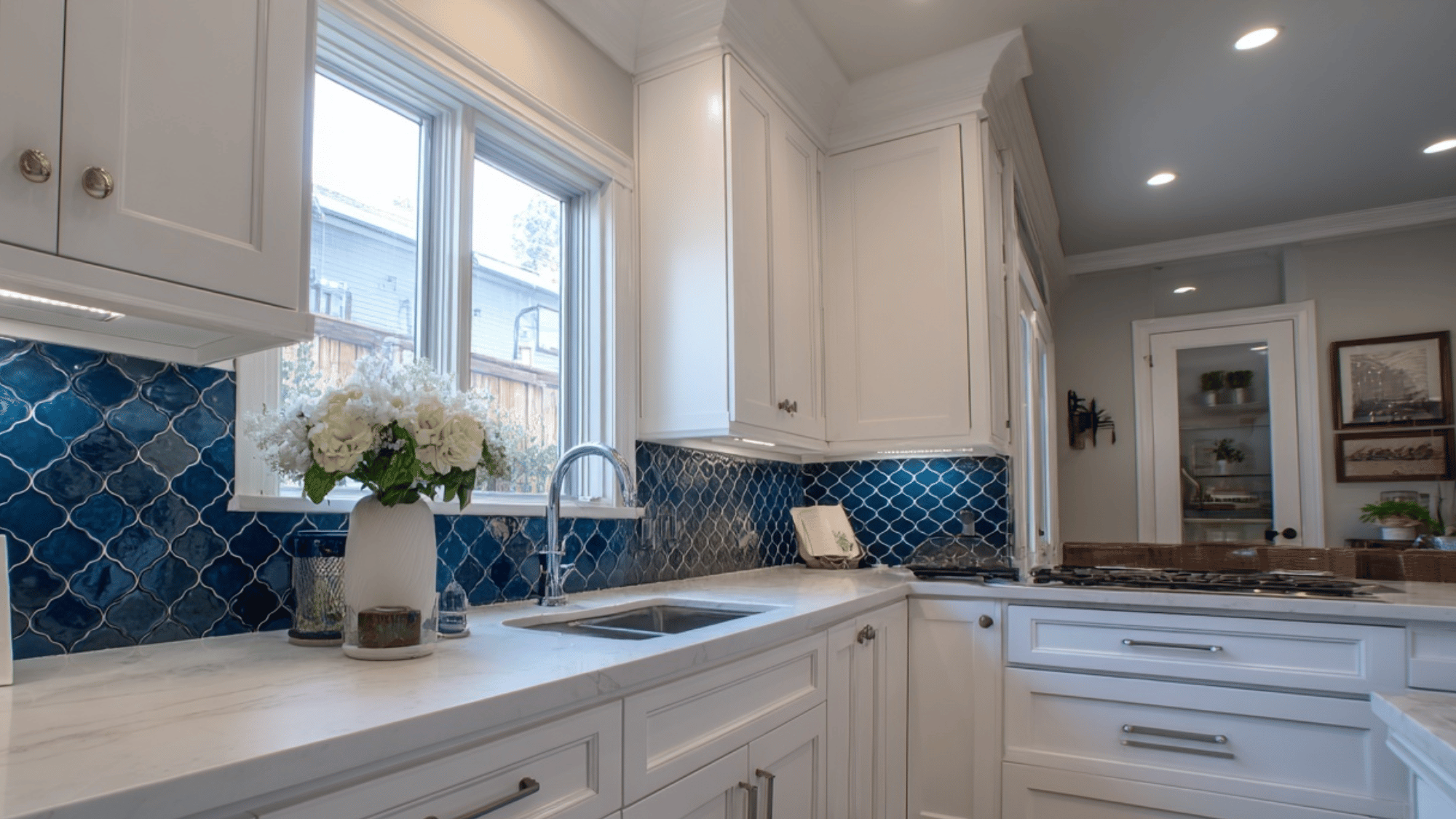 White kitchen with navy penny round tile backsplash