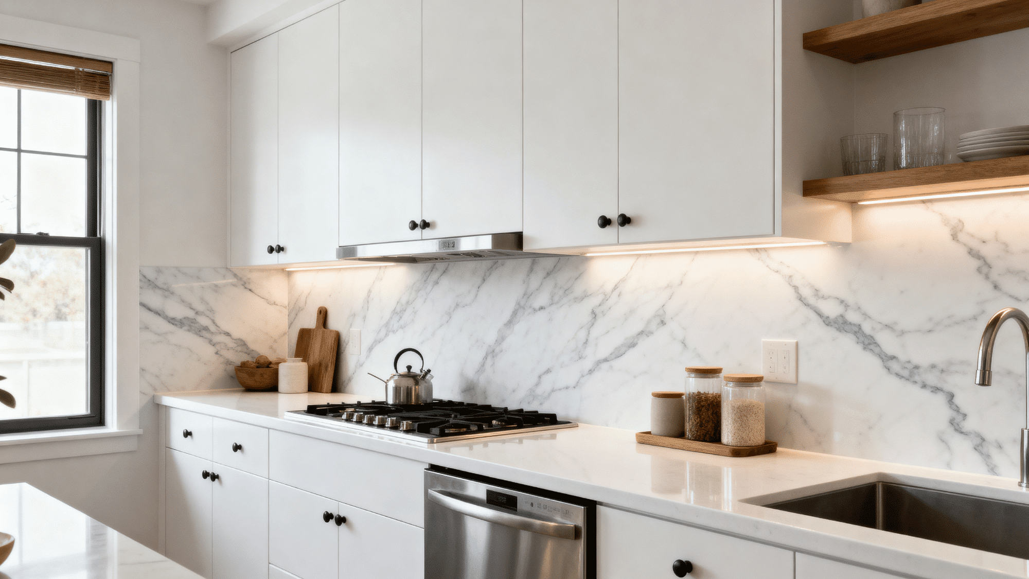 White kitchen with peel-and-stick marble vinyl backsplash