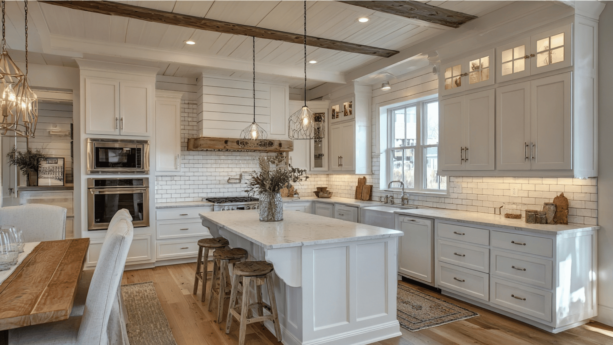 White kitchen with shiplap-style brick tile backsplash