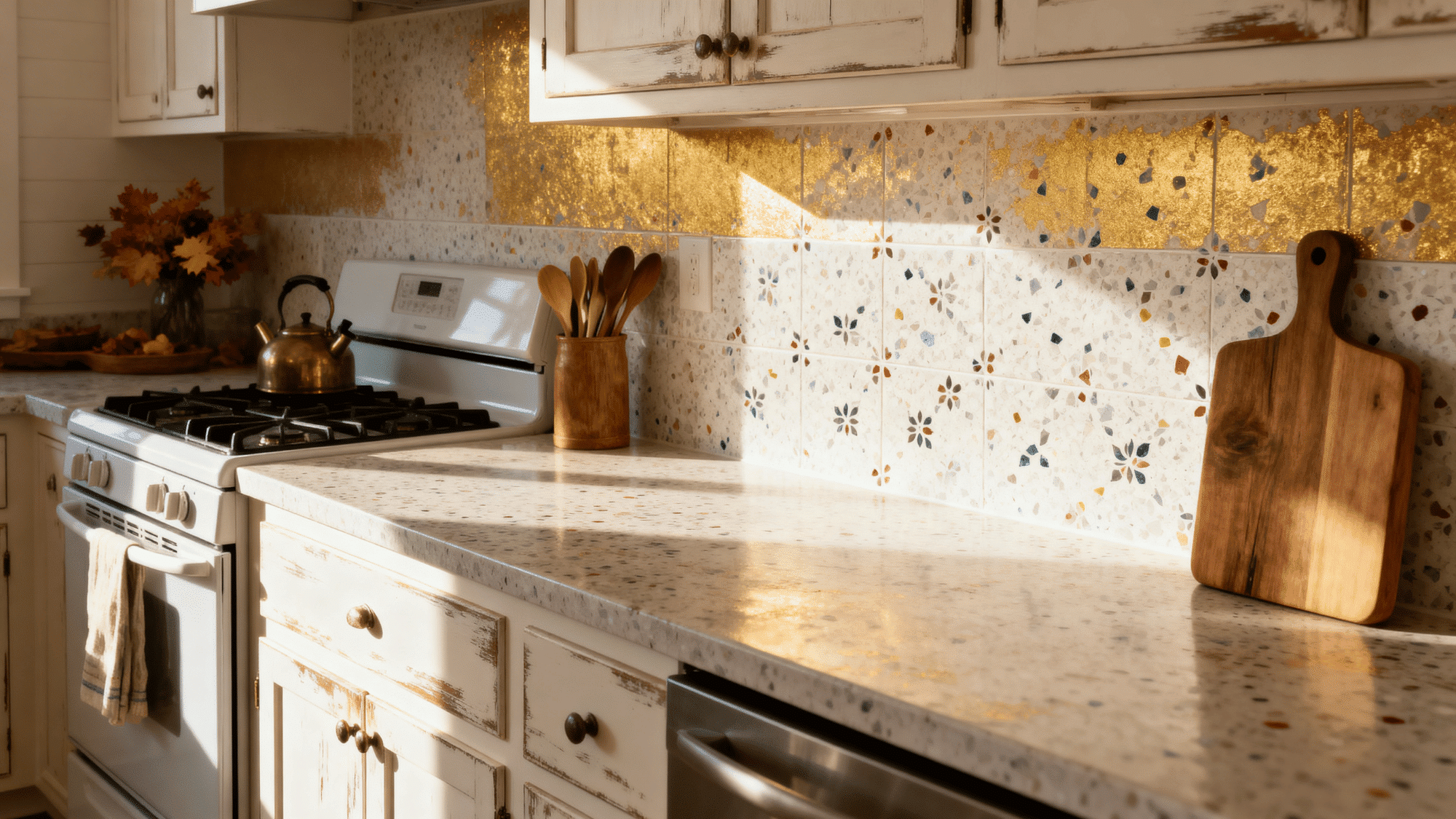 White kitchen with stenciled terrazzo paint backsplash.