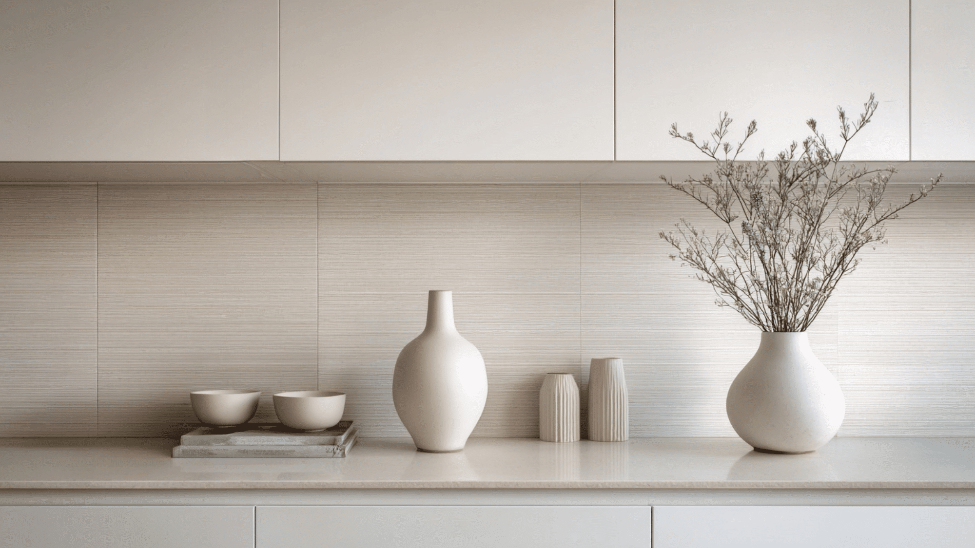 White kitchen with textured matte porcelain backsplash