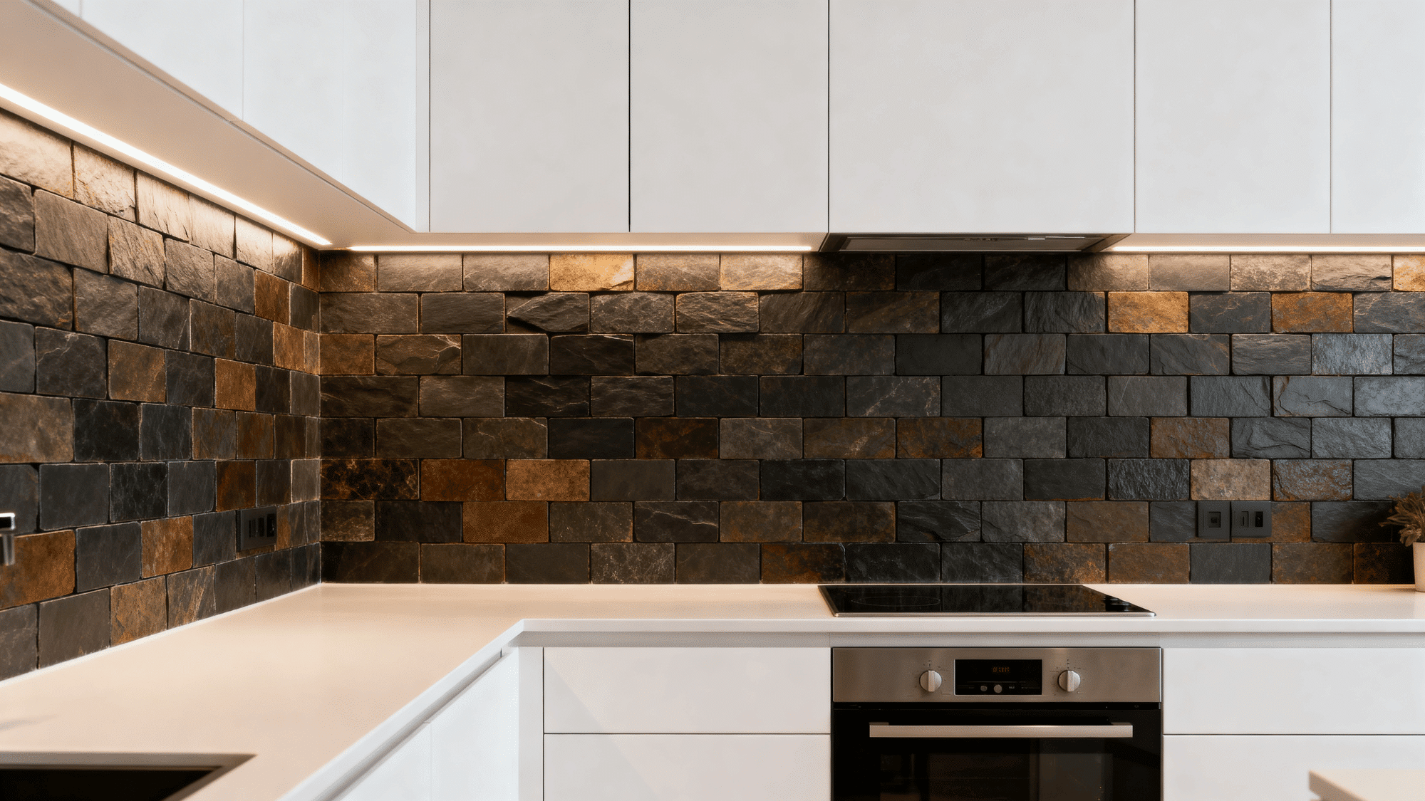 White kitchen with textured slate mosaic backsplash